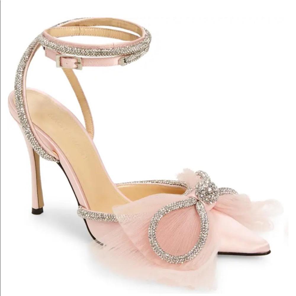COPY - Mach & Mach Double Crystal & Tulle Bow Satin Pump in light pink